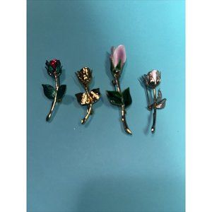 Vintage Brooch Pin Lot Of 4 Long Stem Roses Multicolor Costume Fashion Jewelry
